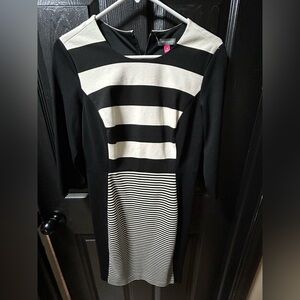 Vince Camuto Black and Cream Striped Long Sleeve Dress